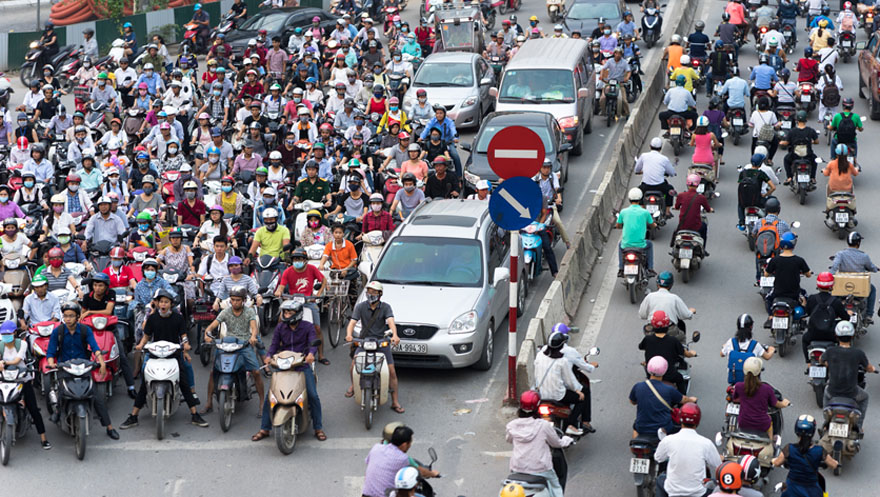 Hanoi, Vietnam – Sep 14, 2016: Aerial view of traffic in rush hour in Truong Chinh street