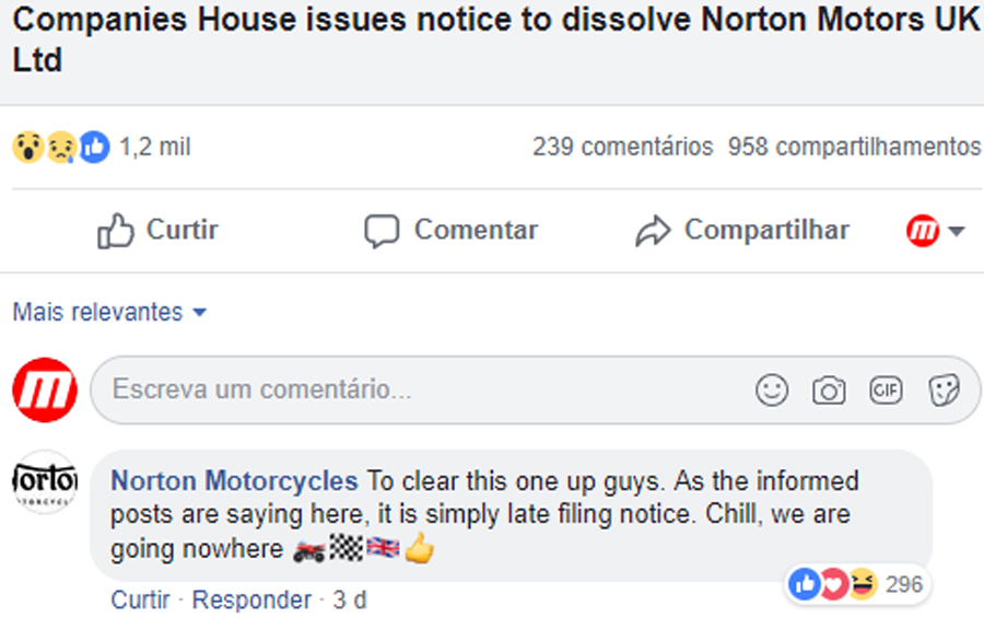 A Norton esclareceu no Facebook que não será dissolvida pelo Governo inglês