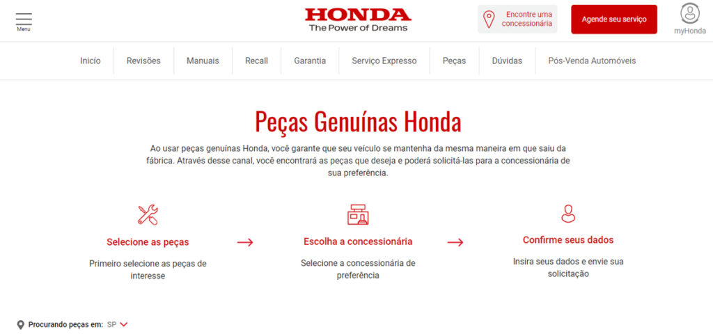 Cliente pode comprar peças pelo site da Honda