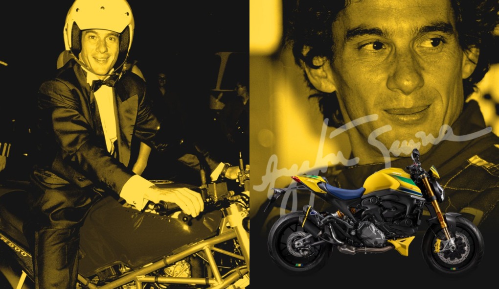 Montagem com fotos de Ayrton Senna em sua Ducati Monster e da nova edição especial Monster Senna