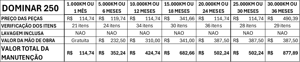 Tabela de revisões da Bajaj Dominar 250