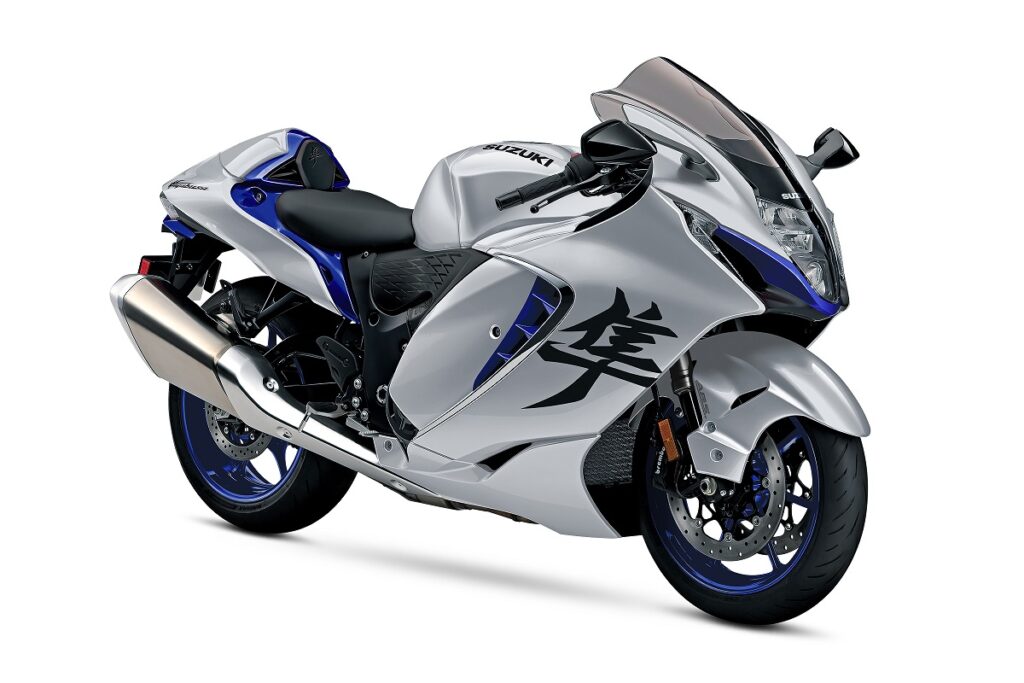 imagem lateral frontal da nova Suzuki Hayabusa 2025 prata com azul