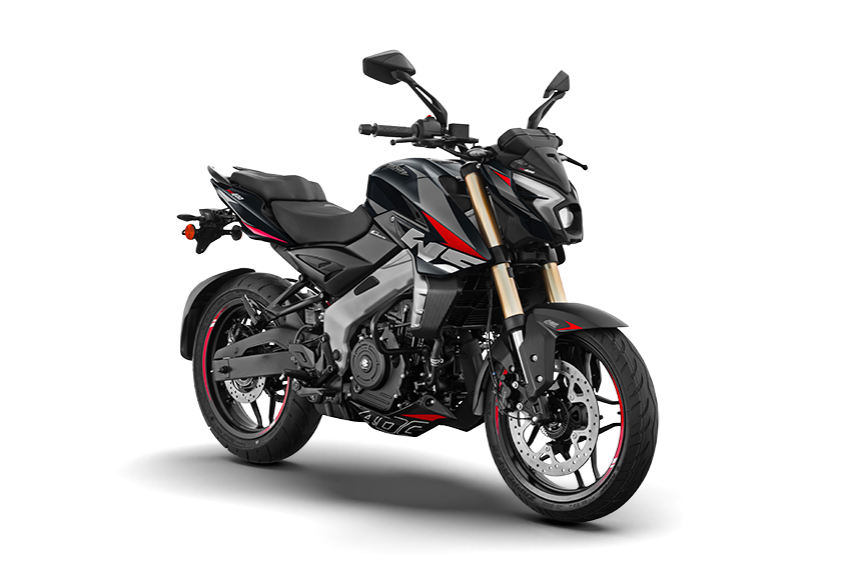 Bajaj Pulsar NS400Z preta com detalhes em cinza, vermelho e dourado