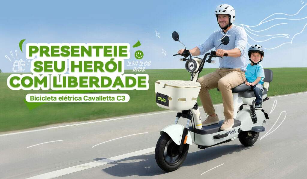 Mostrar a promoção da bicicleta elétrica Cavalletta C3 por ocasião do Dia dos Pais