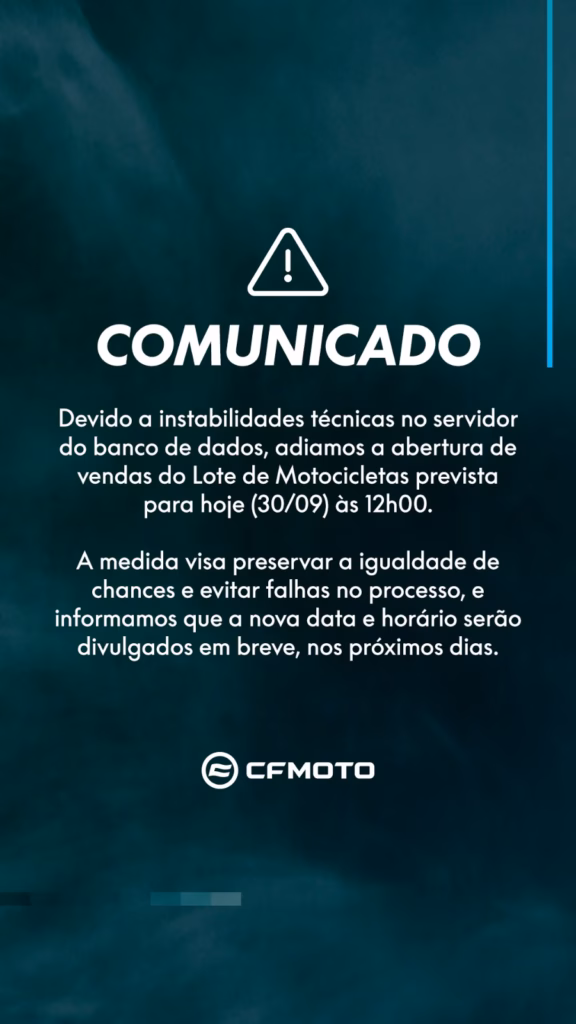 Texto oficial da CFMOTO sobre o adiantamento da venda do novo lote