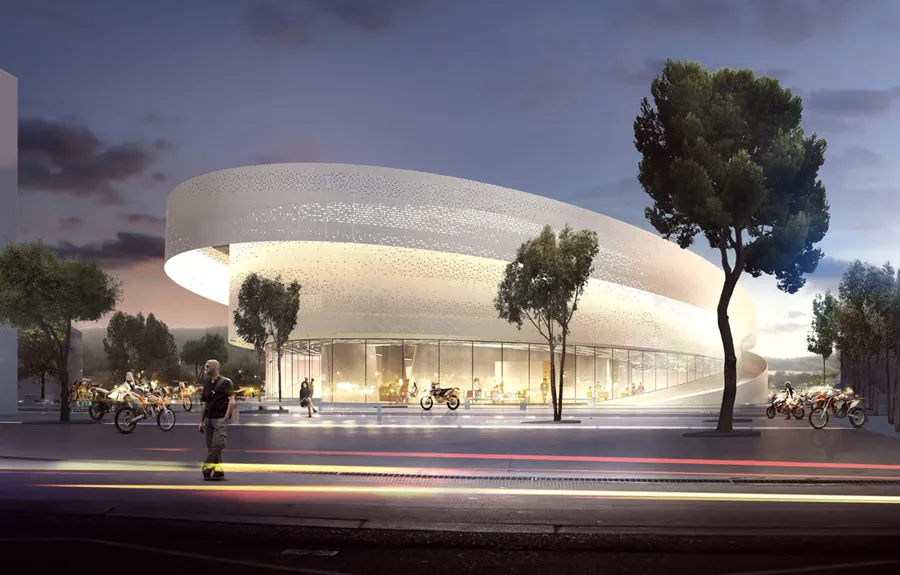 Fachada do KTM Motohall, na Áustria